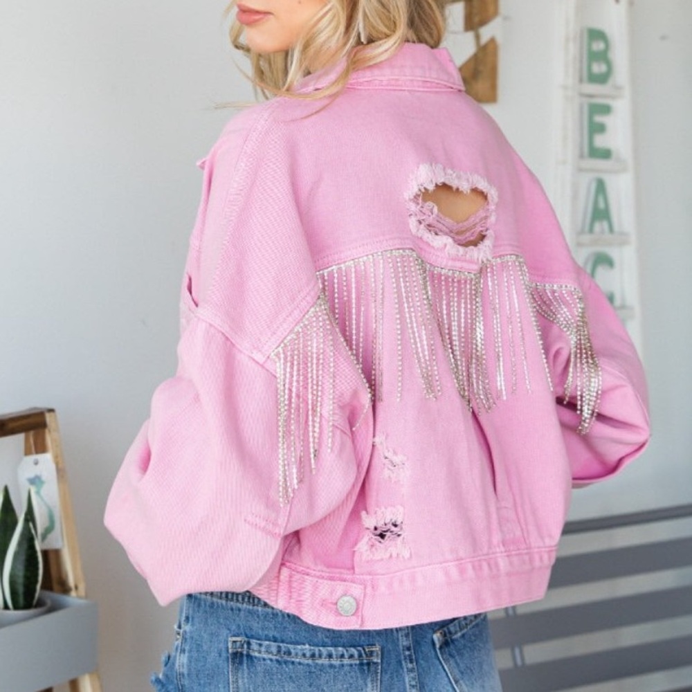 Pink Distressed Denim Jacket with Fringe